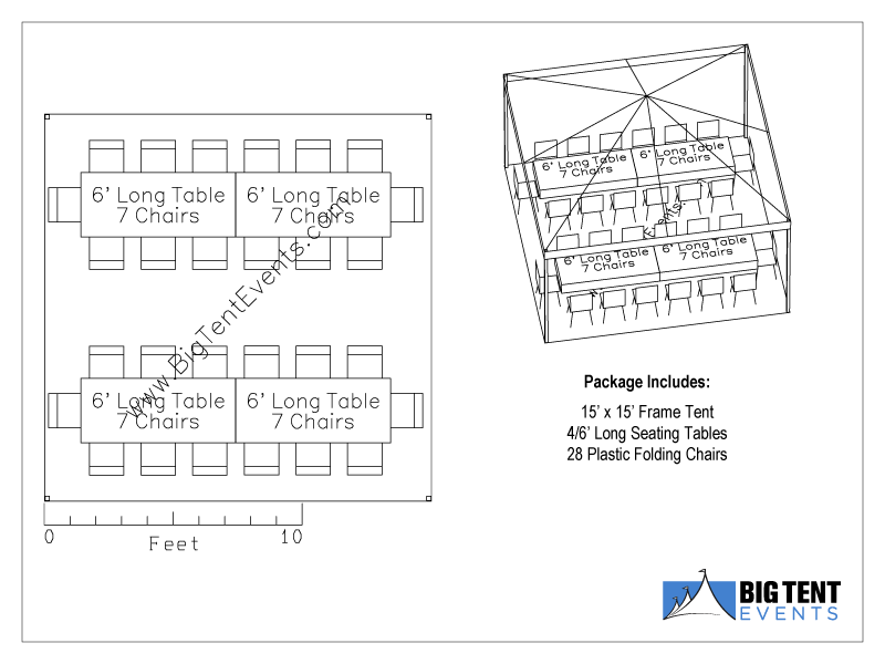 Basic black outlined 15 by 15 frame tent diagram showing four, 6-foot-long tables and 28 chairs around the tables with 7 chairs per table.