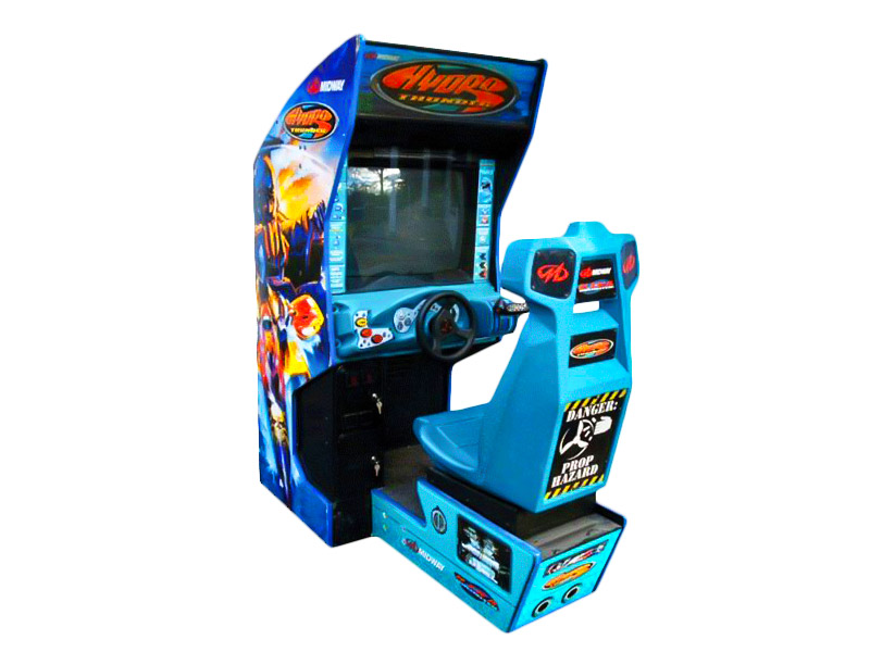 A Hydro Thunder arcade game that includes a screen for visual display, a seat for the player, a steering wheel, and a throttle control to simulate driving a boat.