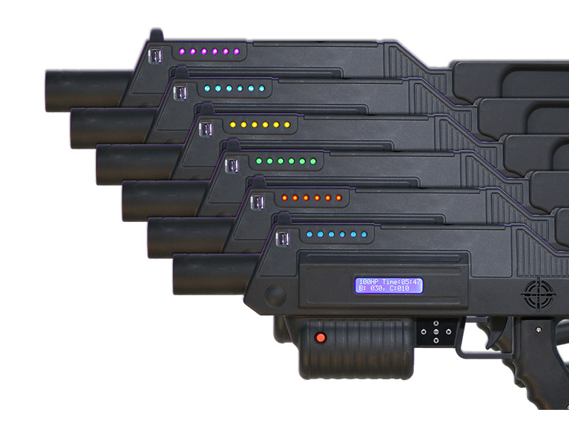A set of futuristic, black, handheld special forces laser tag guns.