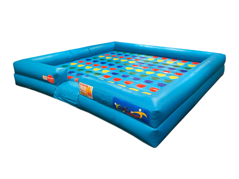 An inflatable game of giant Twister. It has a blue inflatable surface with a grid of colorful spots. On a white background.