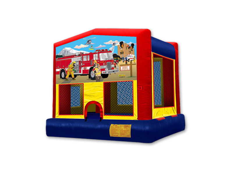 A firetruck and firefighter themed inflatable bounce house rental on a white background.