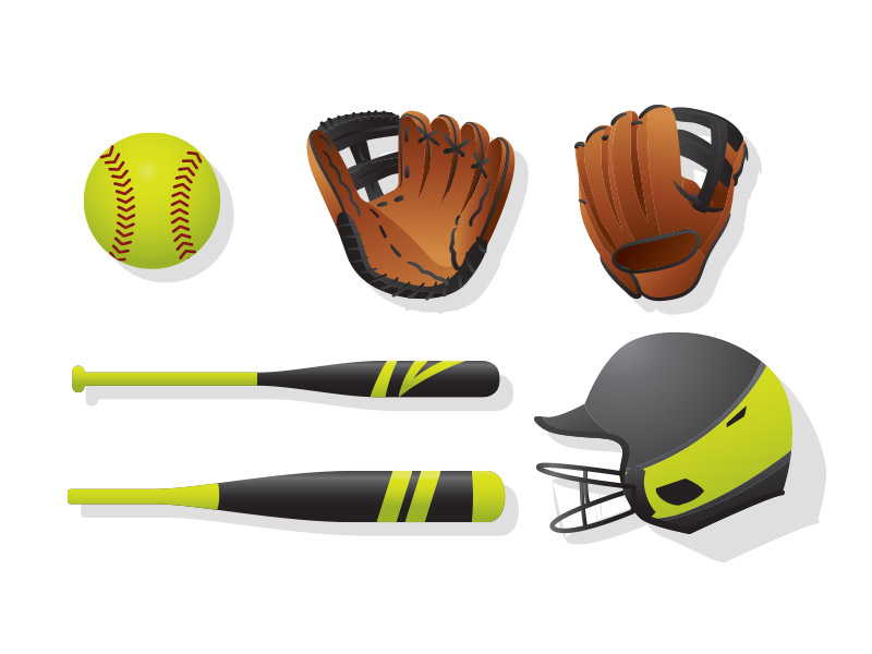 A collection of softball rental equipment. It includes a softball, two gloves, two bats, and a helmet on a white background.