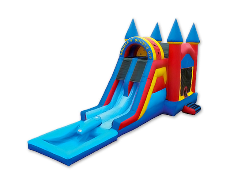 A colorful inflatable castle bounce house with a dual lane water slide attached with a plunge pool on a white background.