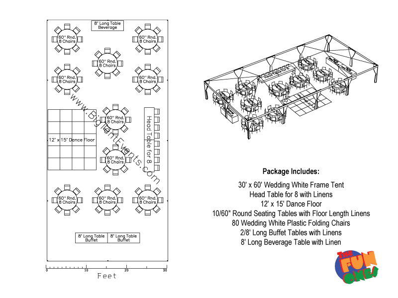 Basic black outlined 30 by 60 white wedding frame tent diagram showing a head table for 8 people with linens a 12 by 15 dance floor with ten 60-inch-round tables with floor length linens and 80 wedding chairs around the tables with 8 chairs per table and three 8-foot-long food/beverage tables with linens.