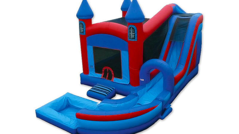 A rentable blue and red inflatable bouncy castle with slide and pool