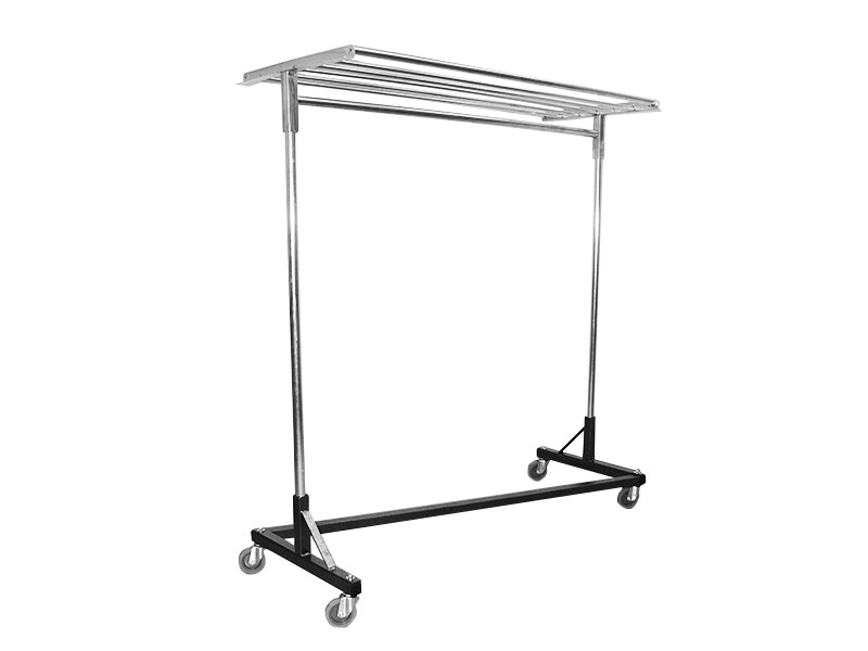 Silver metal coat rack on casters wheels against a white background
