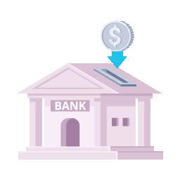 An illustration of a bank building with a coin entering a slot on the roof of the building