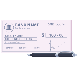 A vector illustration of a check with a pen under it, indicating a check to be an available payment method