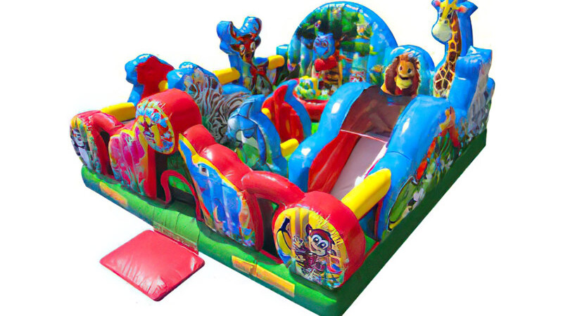 A rentable inflatable kids playground with animals.