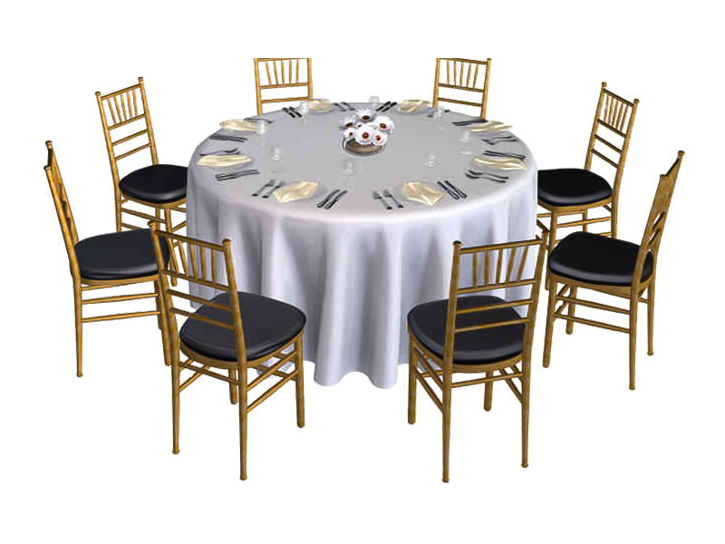 Large round table with eight chairs set with a white table cloth for a nice event.