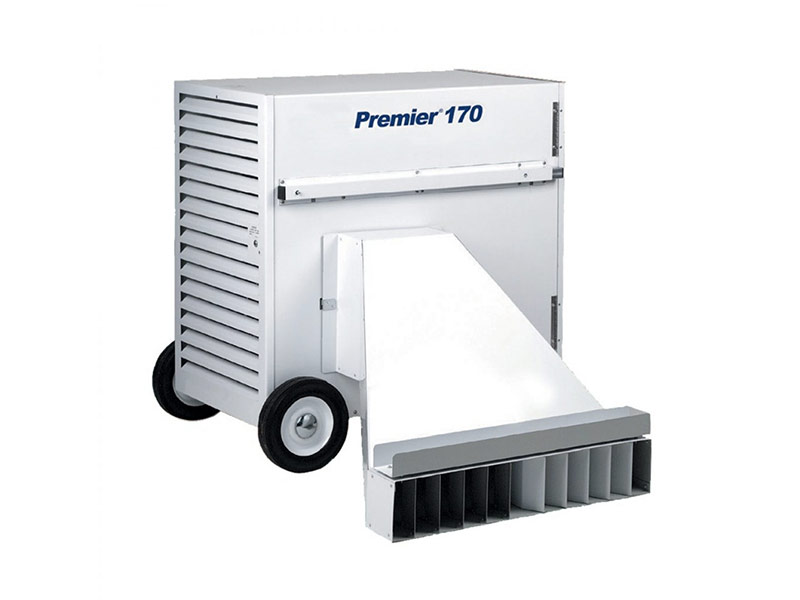 White tent heating unit on wheels with a floor vent extension against a white background.