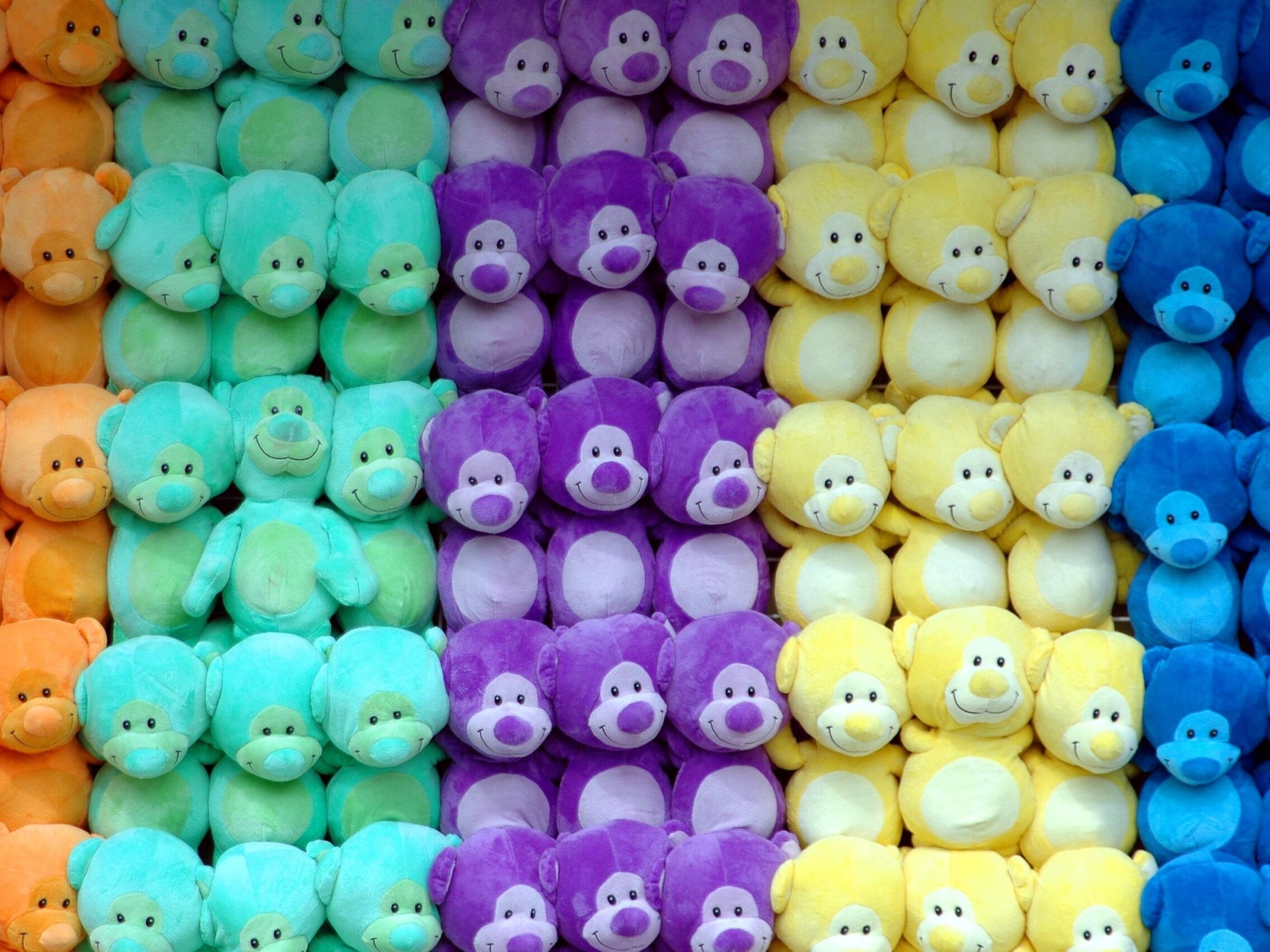 A wall of different colored plush bears.